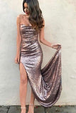 Sexy Mermaid Strapless Sequins Prom Dresses with Slit, Long Evening Dresses P1492