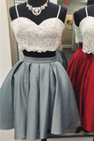 A Line Spaghetti Straps Sweetheart Lace Two Pieces Short Cocktail Homecoming Dresses PH706