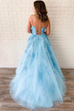 Unique A Line Sky Blue Tulle Appliques Beads Scoop Prom Dress with Lace up P1486