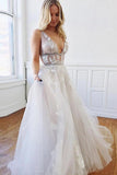 A Line Deep V-Neck Backless White Tulle Prom Dress With Appliques, Evening Dresses P1275