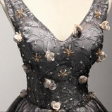 A Line V-Neck Short Black Lace Homecoming Dress