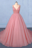 Ball Gown V Neck Tulle Prom Dress with Beads, Puffy Pink Sleeveless Quinceanera Dresses P1251