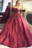 Dark Red Lace Long Sleeve Prom Dress,Off-the-Shoulder Ball Gown Quinceanera Dress PH392