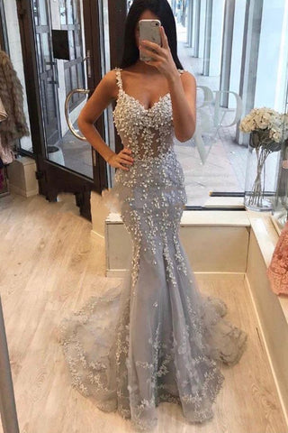 Unique Spaghetti Straps Mermaid Grey V-neck Prom Dresses with Applique P1222