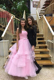 Unique Pink Tulle Long Prom Dresses, Strapless Belt Sweet 16 Dress P1284