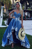 Blue Lace High Low Sweetheart A Line Appliques Long Strapless Cheap Prom Dresses uk PW34