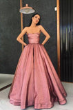 Unique Strapless A Line Long Pink Satin Floor Length With Pockets Prom Dress PW123