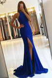 Royal Blue Long Mermaid Open Back Halter Slit Simple Cheap Prom Dresses uk PW194