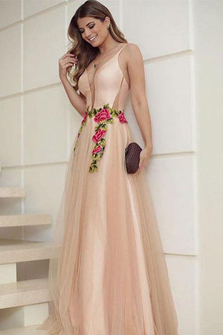 Elegant A Line V Neck Spaghetti Straps Tulle Sleeveless Appliques Long Prom Dresses PH693