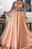 Charming A Line Long Sleeve Long Party Dresses Flowers Tulle Beads Formal Dresses P1266