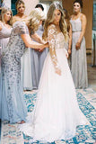 A Line Long Sleeve Deep V Neck Tulle White Open Back Lace Appliques Wedding Dresses uk PW144