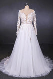 Long Sleeves White A-line Tulle Beach Wedding Dresses with Lace Appliques, Bridal Dress W1140