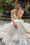 Tulle V Neck Embroidery Long Spaghetti Straps Wedding Dresses, Bridal Dresses W1183
