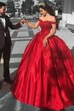 Ball Gown Off the Shoulder Red Satin Lace up Quinceanera Dresses uk with Appliques PW101