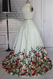 Two Pieces Ivory Floral Print High Neck Sleeveless Prom Dress Evening Dress P1012