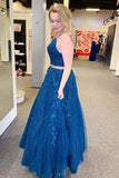 Sparkly Two Pieces Mykonos Blue Appliques Spaghetti Straps Prom Dress P1481
