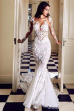 Long Sleeve See Through Mermaid Tulle Wedding Dresses Lace Appliques Bridal Dresses W1211