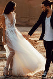 A-Line Deep V-Neck Sweep Train Tulle Ivory Wedding Dress with Appliques Split W1123