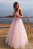 Elegant Deep V-Neck Backless Long Pink Prom Dress with Appliques Beading PW533