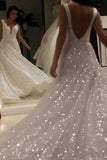 Shiny Ivory Sequins V Neck Backless Straps Wedding Dresses, Beach Bridal Dresses W1186