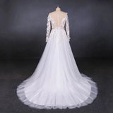 Long Sleeves White A Line Tulle Beach Wedding Dress with Lace Appliques Bridal Dress W1140