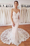 Elegant Spaghetti Straps Mermaid V Neck Lace Wedding Dresses Beach Bridal Dresses W1109