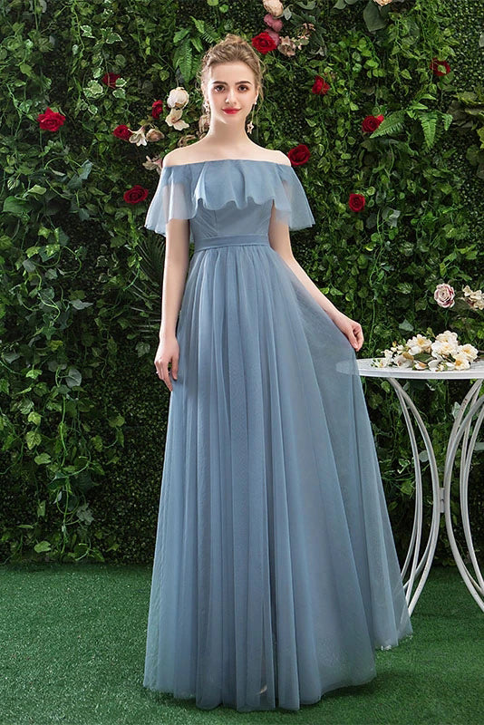 Off the Shoulder Tulle Long Prom Dress Blue Bridesmaid Dress P1248