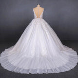 Princess Ball Gown Sheer Neck White Wedding Dress Lace Appliqued Bridal Dress W1146