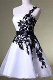 A Line One Shoulder White Homecoming Dress with Black Lace, Knee Length Party Dress uk PW44