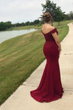 Mermaid Off the Shoulder Burgundy Prom Dress with Slit Lace Appliques Evening Dress P1297