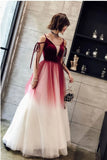 A Line Spaghetti Straps Ombre Long Tulle Prom Dresses Burgundy V-Neck Evening Dresses P1226
