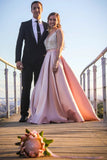 A Line Deep V Neck Beaded Bodice Blush Pink Prom Dresses, Evening Dresses P1394