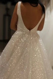 Shiny Ivory Sequins V-Neck Backless Straps Wedding Dress Beach Bridal Dress W1186