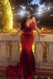 Chic Red Spaghetti Straps Mermaid V Neck Prom Dresses with Appliques, Formal Dresses P1418