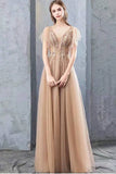 A Line V Neck Tulle Long Prom Dresses, Cheap Evening Dress with Beading PH1800