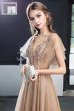 A Line V Neck Tulle Long Prom Dress, Evening Dress with Beading PH1800