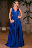 Royal Blue Satin V-neck A-line Floor-length Ruched Backless Prom Dresses uk PH610