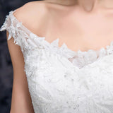 Off the Shoulder Tulle Wedding Dress with Lace Applique A Line Long Bridal Dress W1138
