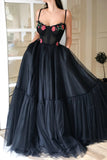 Charming Spaghetti Straps Black Tulle Pockets Prom Dresses with Appliques, Dance Dress P1542