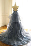 Spaghetti Straps Blue Gray Tulle V-Neck Long Ruffles Prom Dress with Lace Applique P1225