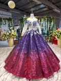Ball Gown Ombre Sparkly Long Sleeve Sequins Prom Dress Quinceanera Dress P1217