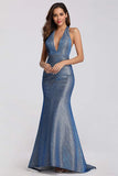 Sexy V-Neck Halter Blue Backless Prom Dress Long Party Dress P1171
