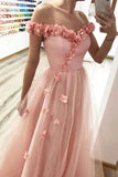 Princess A Line 3D Flowers Off the Shoulder Tulle Glitter Prom Dress Sweetheart Dance Dress P1300