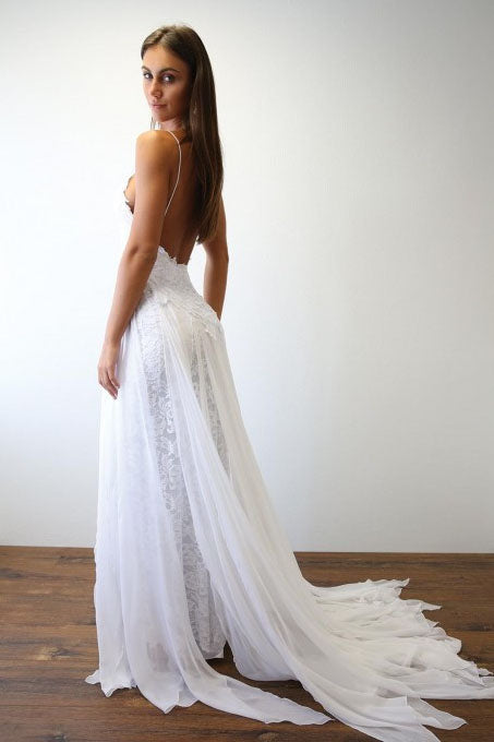 Spaghetti Straps Sweetheart White Lace Wedding Dresses with Chiffon Beach Bridal Dresses W1111