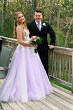 A Line Lilac Appliques V Neck Long Prom Dresses, Long Prom Formal Gowns P1370