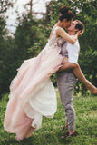 Sheer Round Neck Pink Wedding Dresses Backless Bridal Gown With Lace Appliques W1262