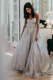 Sparkly Sweetheart Silver Long Prom Dresses Sequins Beads Formal Dresses P1326