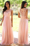 Affordable A-line Scoop Neck Lace Cap Sleeve Chiffon Floor-length Prom Dresses UK PH472