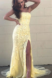 Yellow Mermaid Strapless Lace Appliques Prom Dresses with Slit, Evening Dresses P1511