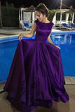 Ball Gown V-Neck Sweep Train Satin Sleeveless Bateau Purple Backless Prom Dresses UK PH420